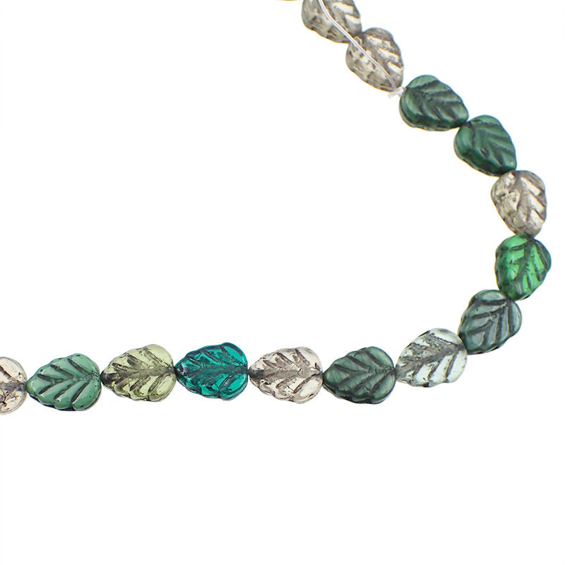 Green Mix Leaf Beads with Black Wash - Artisan Czech Pressed Glass - Pressed Nature Beads - 10x8mm 10mm Assorted Colors - 15 Pieces