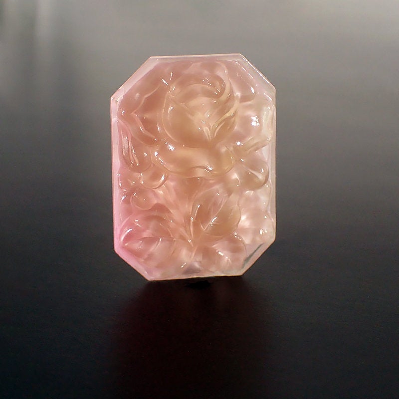 Peach Pink Octagon Shaped Cameo with Rose - Rare Handmade Czech Glass Flat Back Cabochon Embellishments - Water Effect - 1 Piece