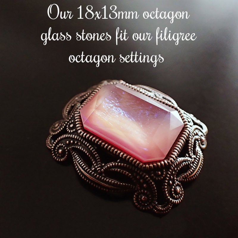 Moonstone Pink and Peach with Blue Dragon Breath Octagon Fancy Stone with Faceted Top - Rare Handmade Czech Glass - 18x13mm - 1 Piece