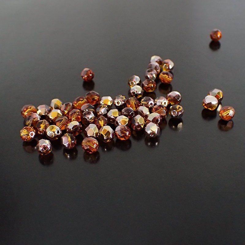 Dark Topaz Capri Gold - Czech Fire Polished Glass Beads - 6mm Beads 50 Pieces
