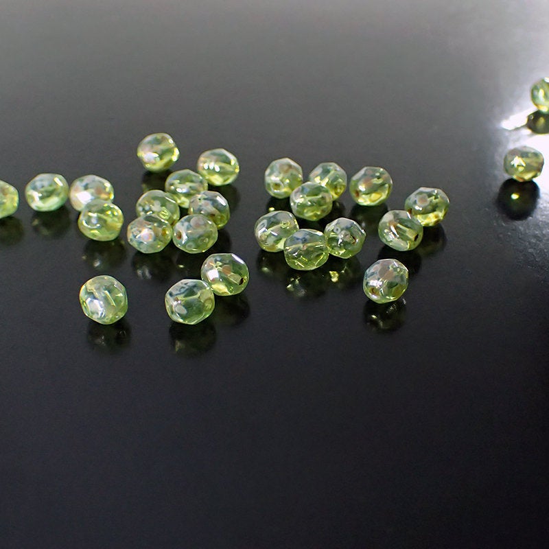 Spring Green Metallic Picasso Full Coat - Czech Fire Polished Glass Beads - 6mm Beads 50 Pieces
