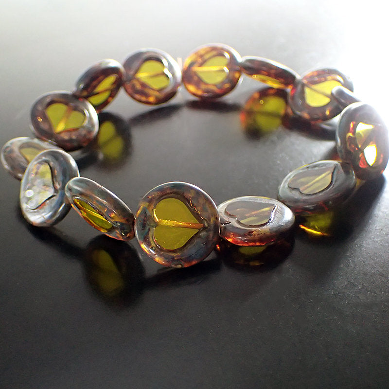 Artisan Czech Glass Beads Table Cut Heart - Transparent Citrine Yellow Blue Picasso Limited Edition - Boho Rustic Love Beads 17mm - 2 Pieces
