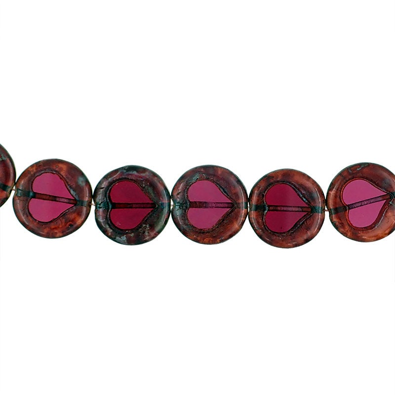 Artisan Czech Glass Beads Table Cut Heart - Transparent Fuchsia Pink Picasso Limited Edition - Boho Rustic Love Beads 17mm - 2 Pieces