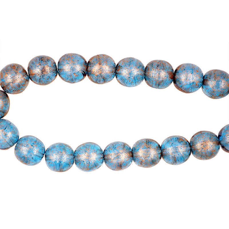 Transparent Capri Blue Metallic Copper Rain Czech Pressed Smooth Round Glass Beads - 12mm Beads - 6 Pieces