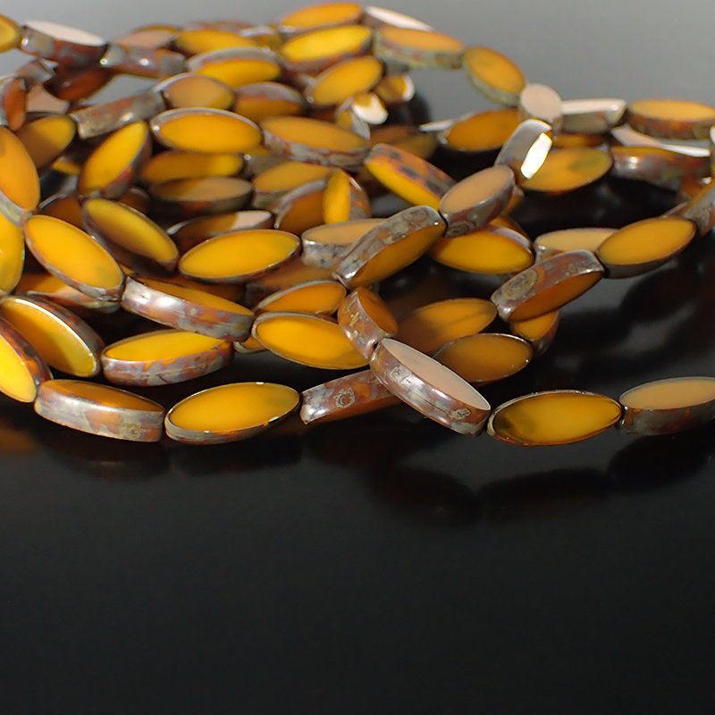 Pumpkin Silk Metallic Picasso Artisan Czech Glass Beads Table Cut Oval - Limited Edition - Boho Rustic Beads 16x6mm - 12 Pieces
