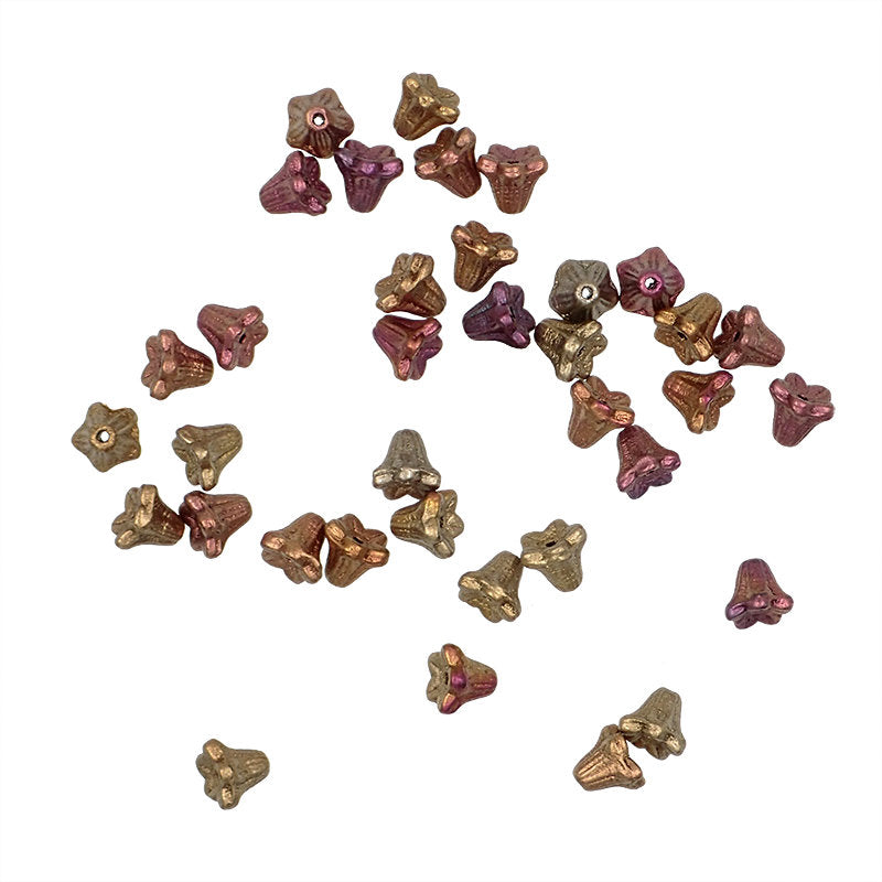 Tiny Little Bell Flowers - 50 Pieces - Matte Autumn Metallic Iris - Czech Pressed Glass Beads - 6x6mm Beads