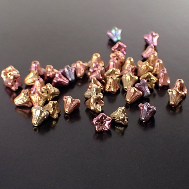Tiny Little Bell Flowers - 50 Pieces - Matte Autumn Metallic Iris - Czech Pressed Glass Beads - 6x6mm Beads