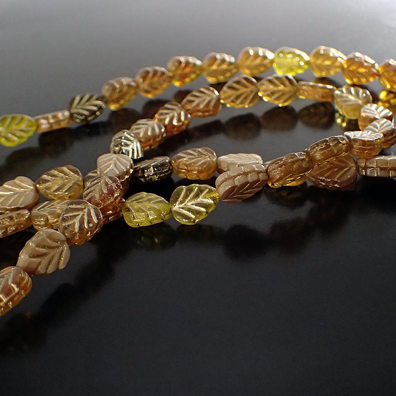 Topaz Brown Autumn Mix Leaf Beads with Metallic Gold Wash - Artisan Czech Pressed Glass - Pressed Beads - 10x8mm Assorted Colors - 15 Pieces
