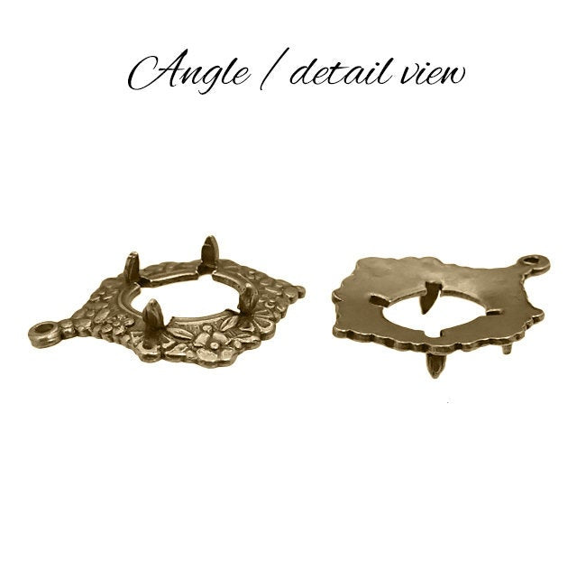 Floral Pronged Settings for 10x8mm Flat Back Stones and Cabochons - Antiqued Brass Ox with Prongs and Loop - Nickel Free - 2 Pieces