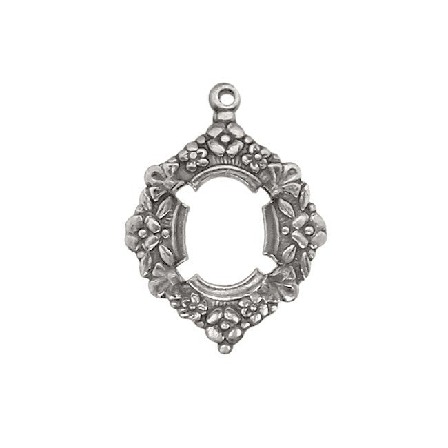 Floral Pronged Settings for 10x8mm Flat Back Stones and Cabochons - Antiqued Silver Ox with Prongs and Loop - Nickel Free - 2 Pieces