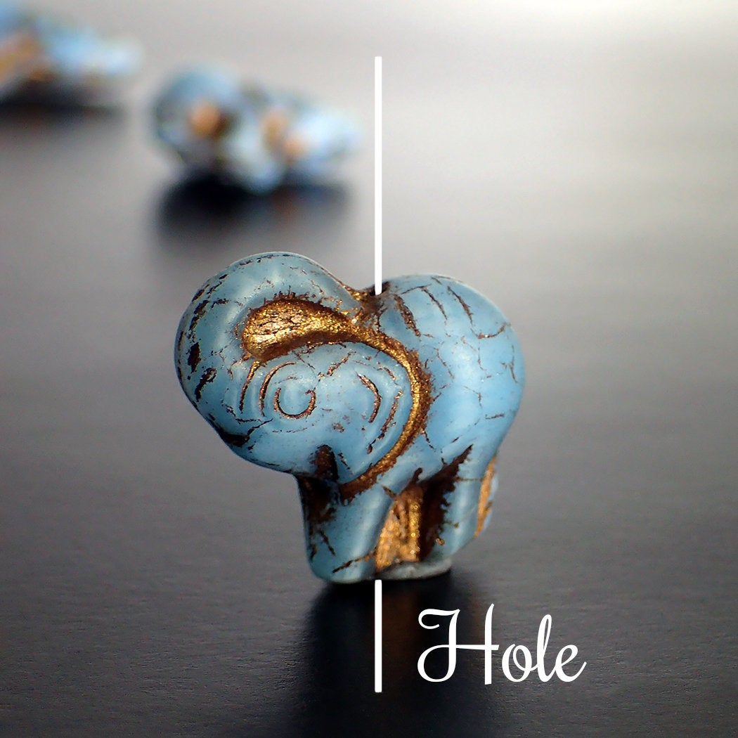 Matte Turquoise Blue Silk Czech Elephant Beads with Bronze Wash - Artisan Pressed Glass - 20mm - 2 Pieces