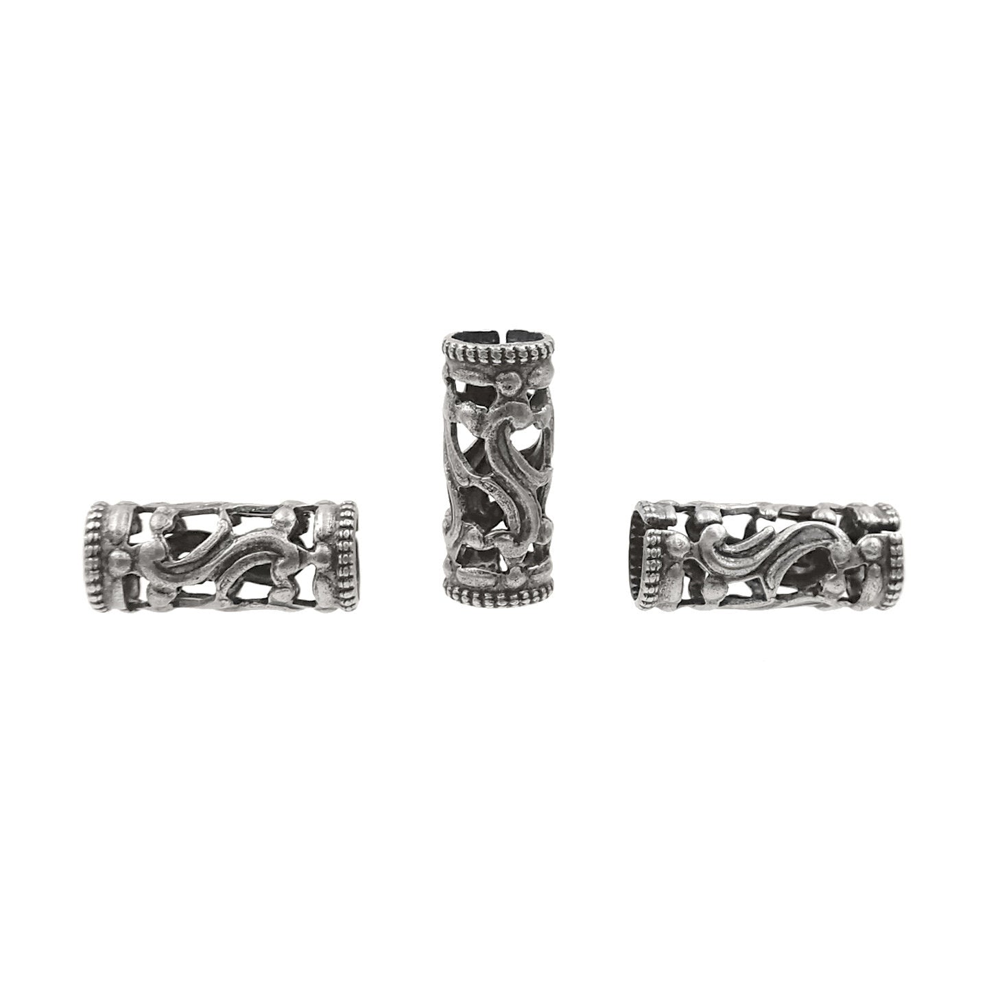 Antique Silver Filigree Tube Beads - 13 x 6 mm - Dainty Detailed Flourish Pattern - 4 Pieces - High Quality Vintage Style Wide Hole