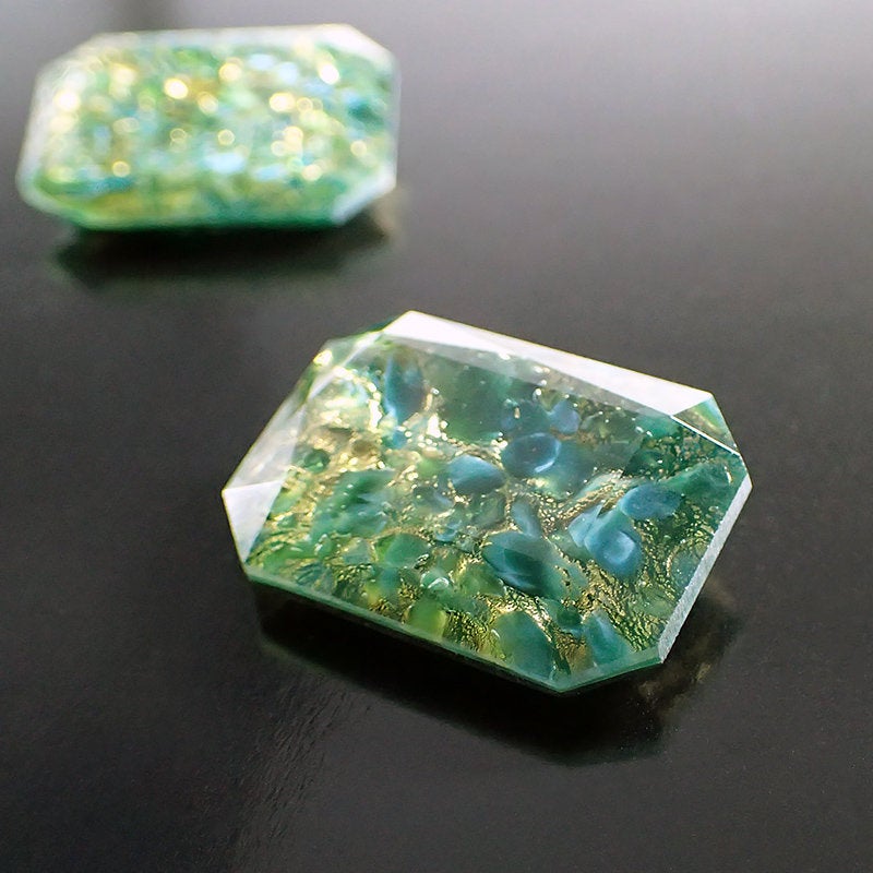 Czech Glass Stone - 25x18mm Octagon - Teal and Gold