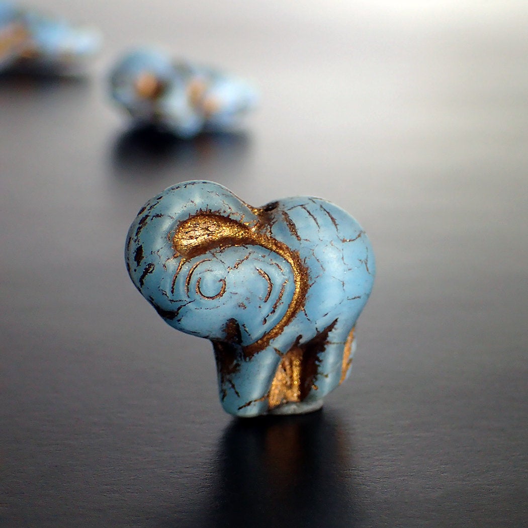 Matte Turquoise Blue Silk Czech Elephant Beads with Bronze Wash - Artisan Pressed Glass - 20mm - 2 Pieces