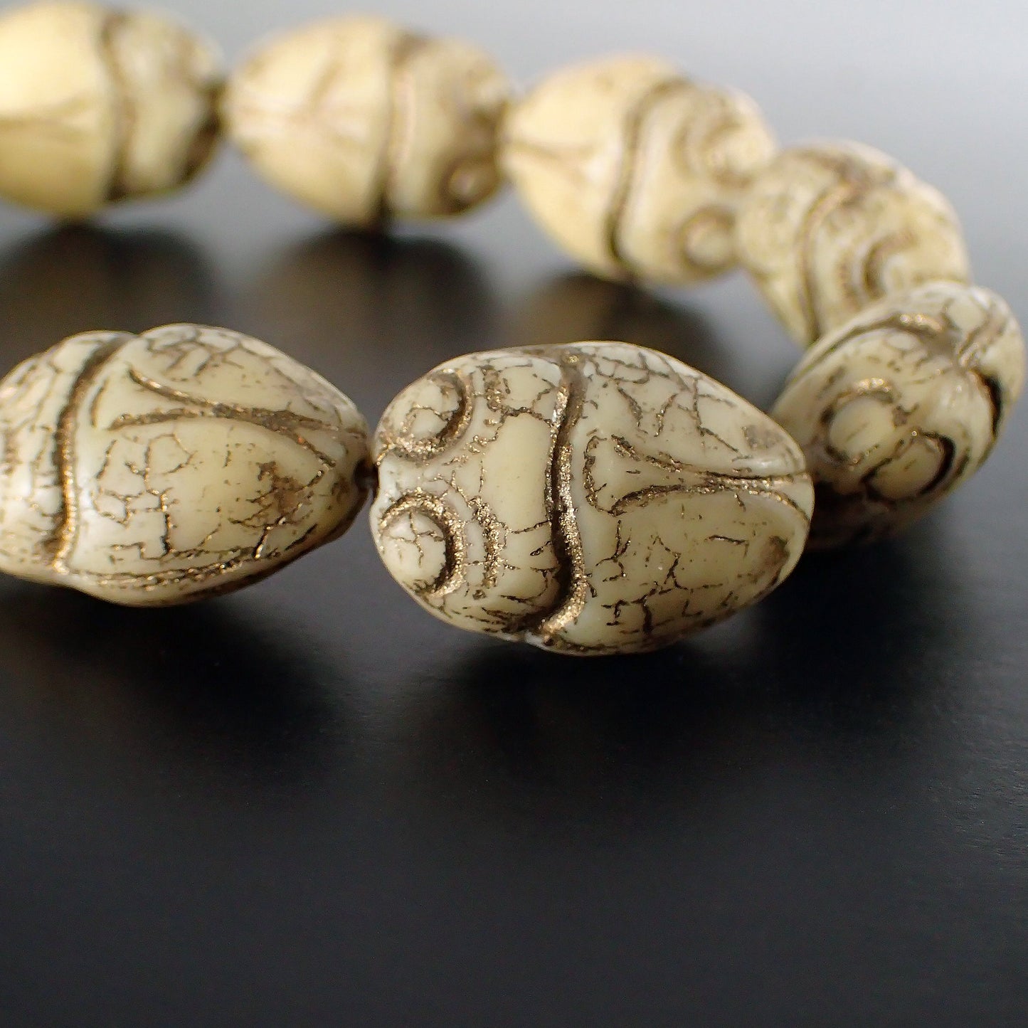 Matte Beige Czech Scarab Beads with Dark Bronze Wash - Artisan Pressed Glass Antique Style Egyptian Beetle Beads - 19mm - 2 Pieces