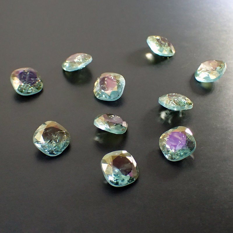 Rare Handmade Czech Glass Faceted Fancy Stone - 12mm Cushion - Aquamarine Blue with Crackle Effect and Honey Bronze Pink Coating - 1 Piece