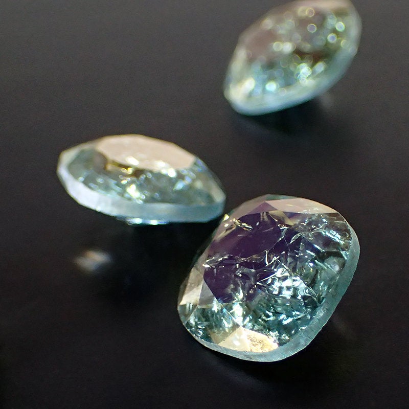 Rare Handmade Czech Glass Faceted Fancy Stone - 12mm Cushion - Aquamarine Blue with Crackle Effect and Honey Bronze Pink Coating - 1 Piece