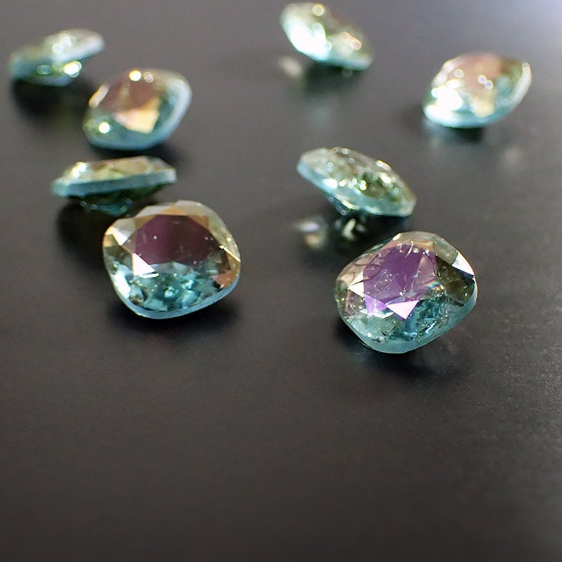Rare Handmade Czech Glass Faceted Fancy Stone - 12mm Cushion - Aquamarine Blue with Crackle Effect and Honey Bronze Pink Coating - 1 Piece