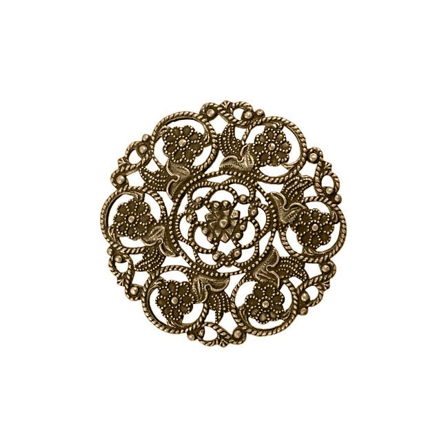 Lacy Round Filigree with Floral Design and Flourishes - Rare High Quality European Brass - Antiqued Brass Ox with Flowers - 2 Pieces