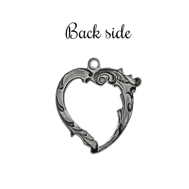 Heart Pendant with Art Nouveau Details and Open Middle - Antiqued Silver Ox Vintage Style Jewelry Making Supplies