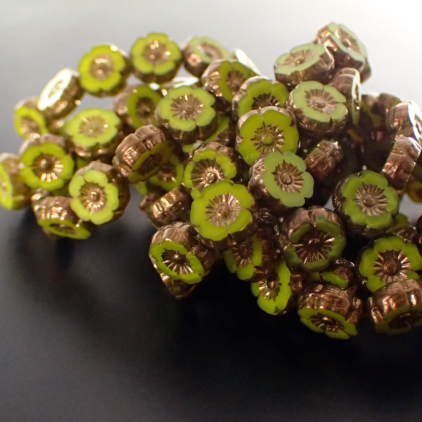 9mm Lime Green Silk with Bronze Finish Czech Glass Flower Beads
