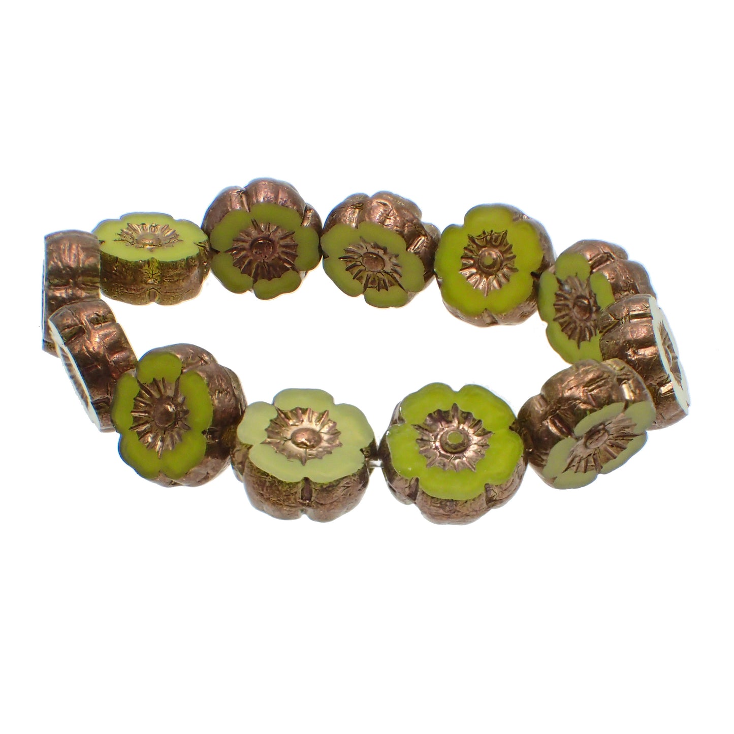 9mm Lime Green Silk with Bronze Finish Czech Glass Flower Beads