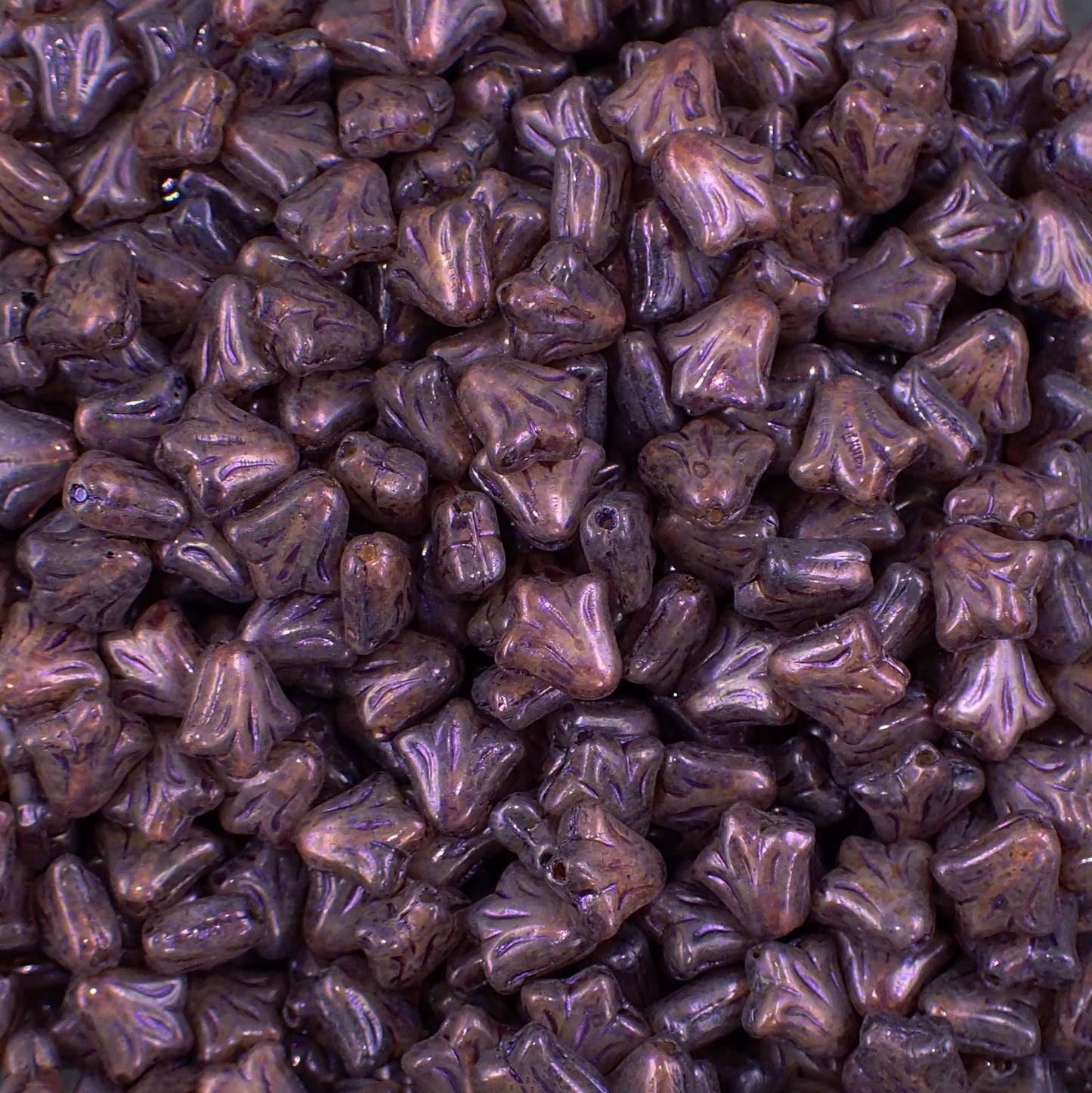 Rustic Lily Flower Beads, Artisan Czech Glass, 12 Pieces, 9mm Mottled Metallic Purple and Beige Picasso Finish