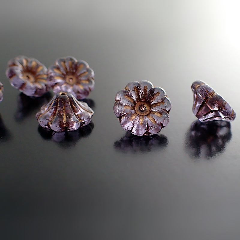 Purple Artisan Czech Glass Flower Beads with Metallic Bronze Wash