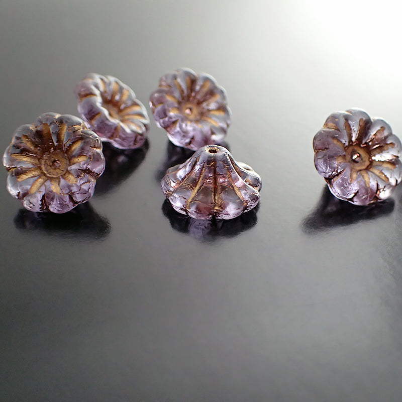 Purple Artisan Czech Glass Flower Beads with Metallic Bronze Wash
