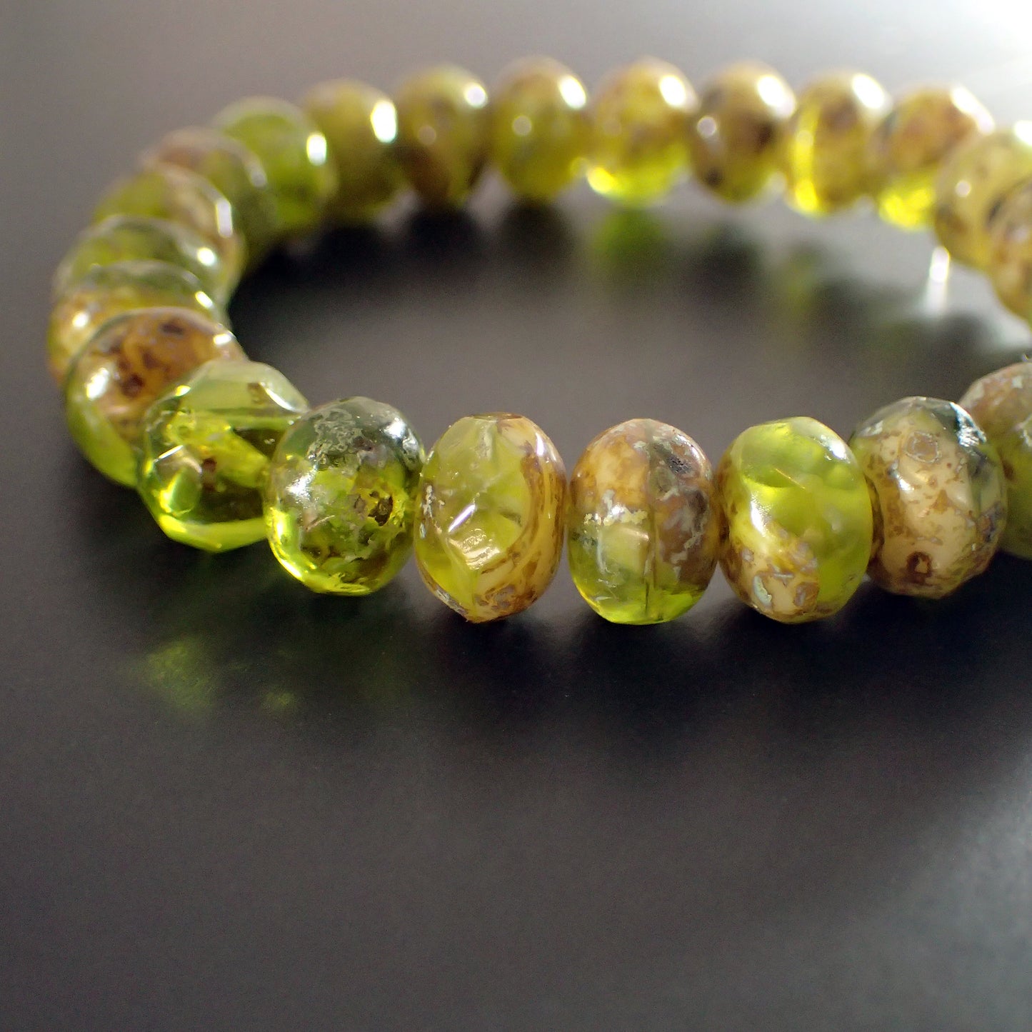 Artisan Czech Glass Rondelles Transparent Olive Green Opaque Ivory Picasso Full Coat