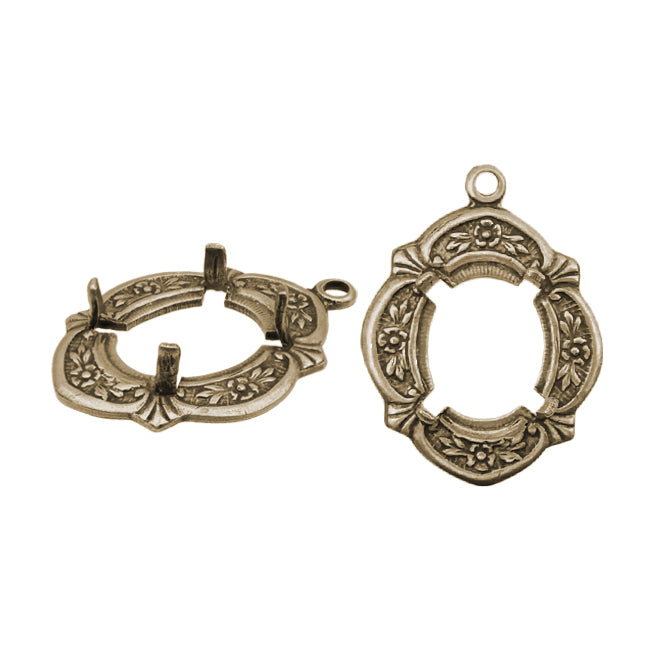 Floral Pronged Settings for 10x8mm Flat Back Stones and Cabochons - Antiqued Brass Ox with Prongs and Loop - Nickel Free - 2 Pieces