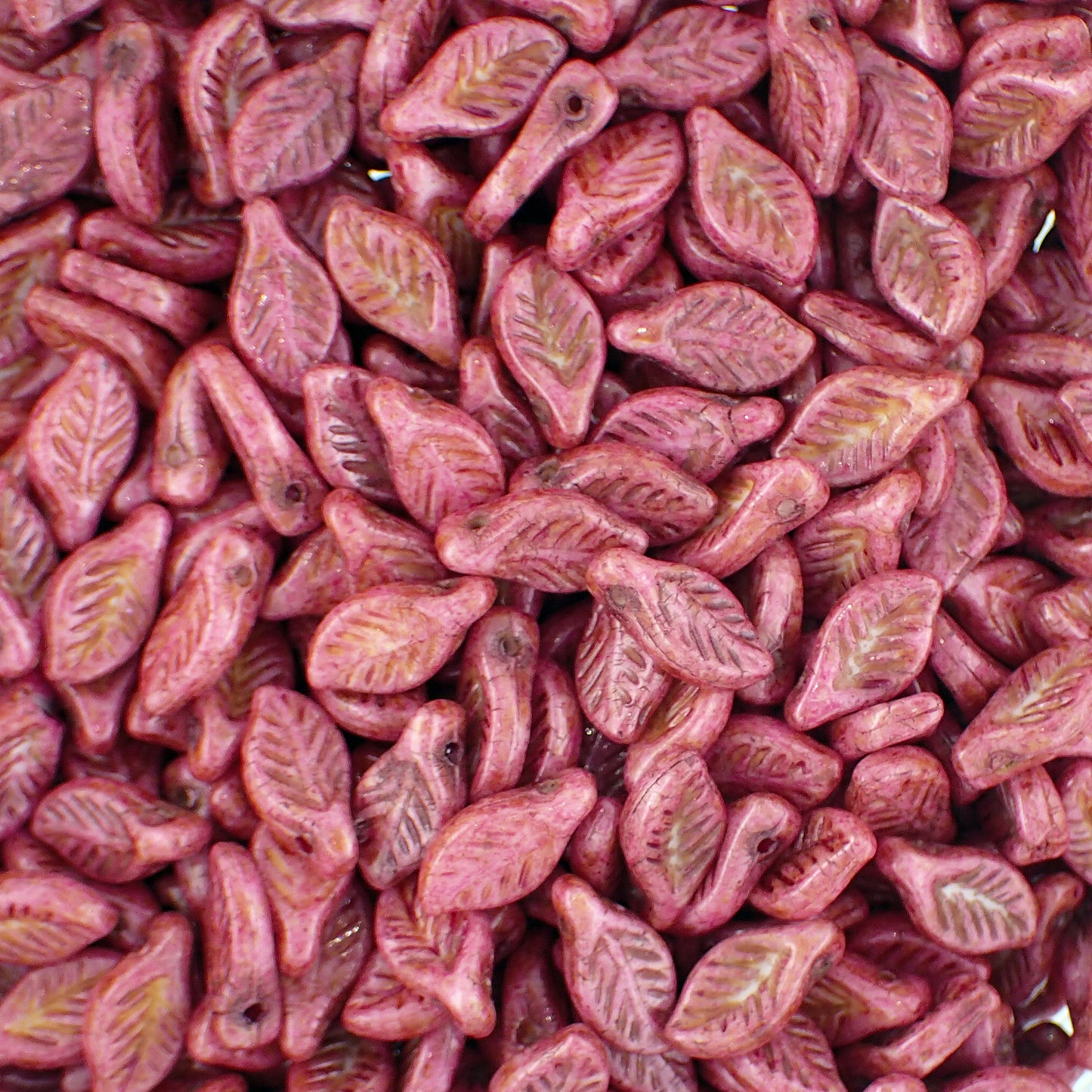 Czech Glass Leaf Beads, 12 Pieces, 12x6mm Marbled Metallic Pink and Beige Picasso Finish