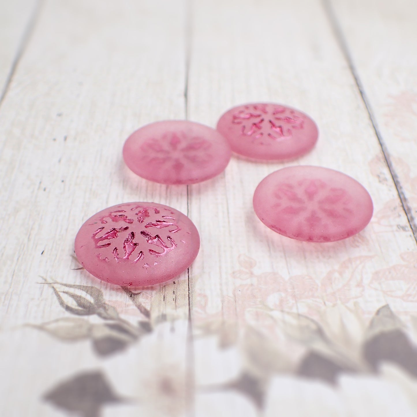 Czech Glass Snowflake Cabochons, 2 Pieces Matte Clear with Metallic Pink Wash 21mm Round