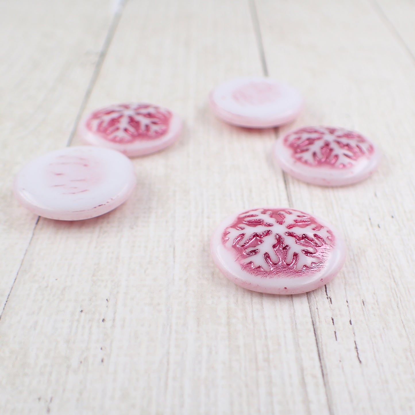 Czech Glass Snowflake Cabochons, 2 Pieces White with Metallic Pink Wash 21mm Round