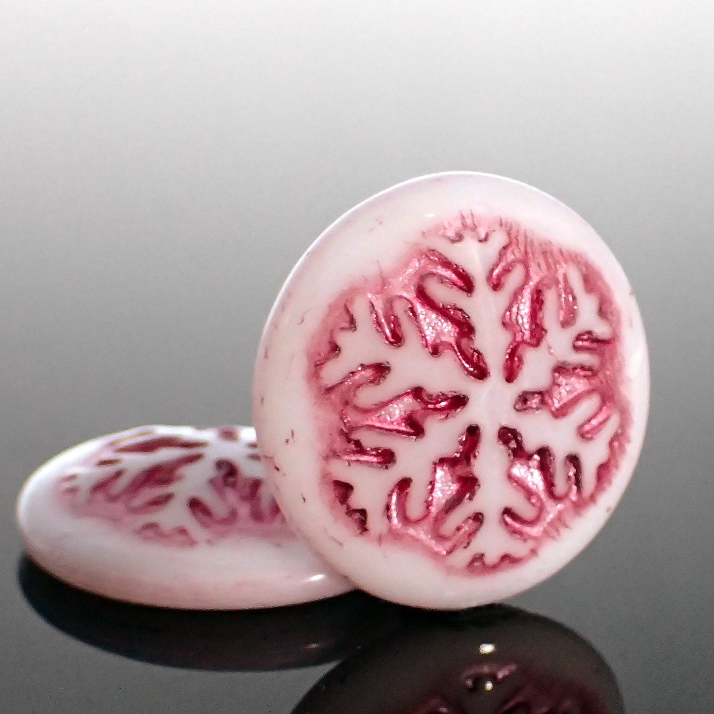 Czech Glass Snowflake Cabochons, 2 Pieces White with Metallic Pink Wash 21mm Round