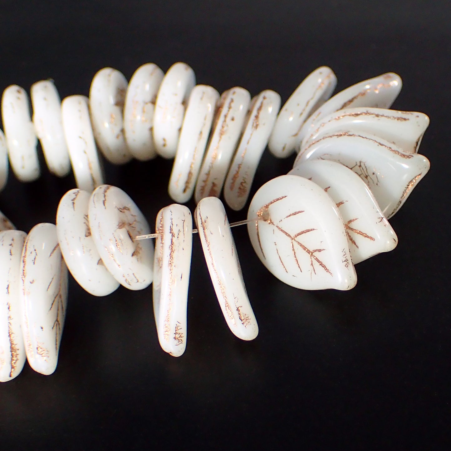White Leaf Beads with Metallic Copper Wash - Artisan Czech Pressed Glass - Pressed Autumn Fall Nature Beads - 18x13mm