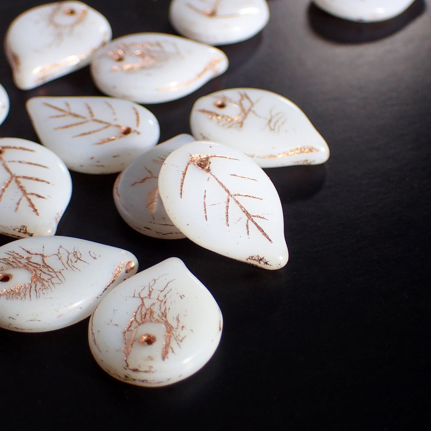 White Leaf Beads with Metallic Copper Wash - Artisan Czech Pressed Glass - Pressed Autumn Fall Nature Beads - 18x13mm