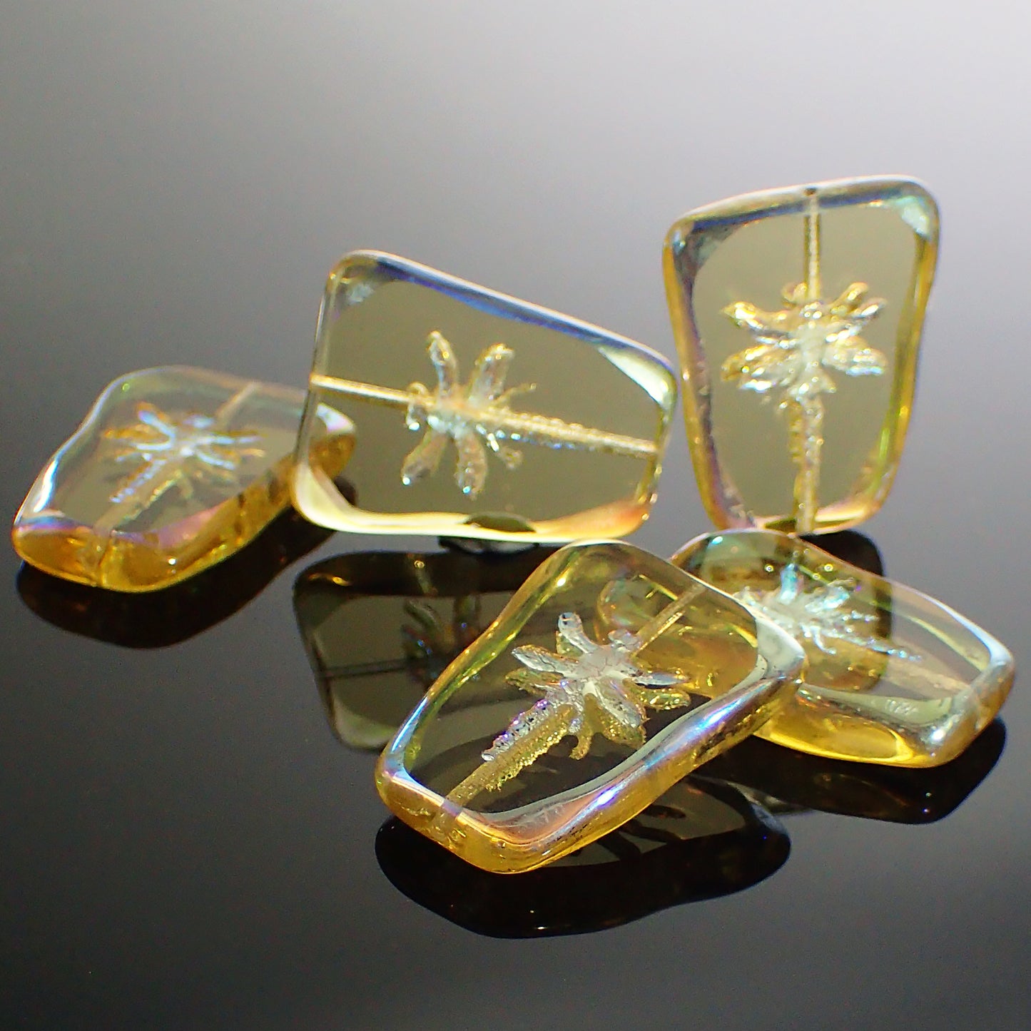 Artisan Czech Glass Beads Table Cut Dragonfly Beads - Transparent Light Topaz Yellow with AB Finish 27x20mm - 2 Pieces