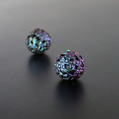 Color Shifting Floral Filigree Beads 10mm 2 Pieces, Scarab Patina