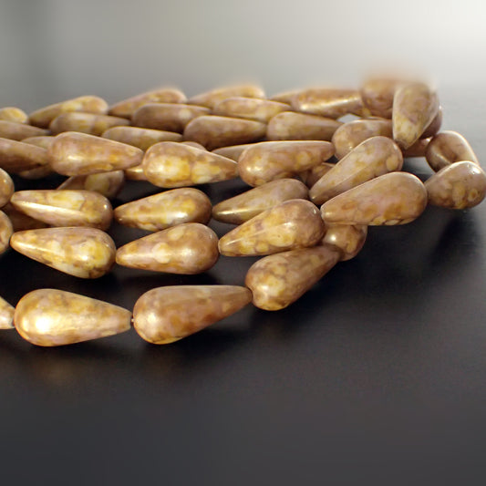 Antique Beige Pink Picasso Smooth Teardrop Beads - Semi Matte Rose Gold Topaz Luster Vintage Style Czech Glass Beads - 20 x 9 mm