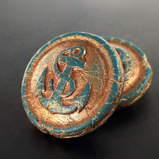 Matte Dark Teal with Metallic Copper Bronze Wash Artisan Czech Pressed Glass Anchor Beads