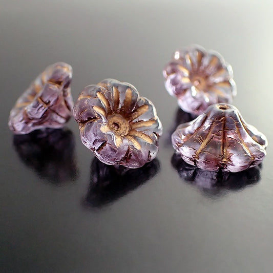 Purple Artisan Czech Glass Flower Beads with Metallic Bronze Wash