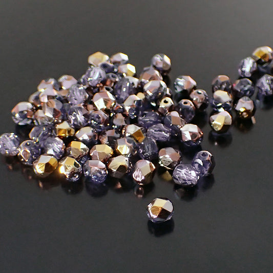Tanzanite Bluish Purple Capri Gold - Czech Fire Polished Glass Beads - 6mm Beads 50 Pieces