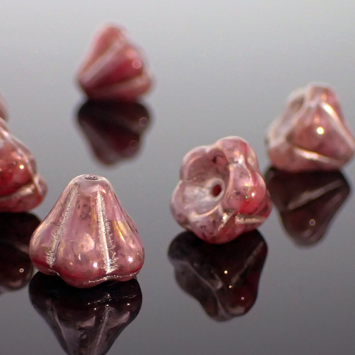 Dusty Pink Czech Glass Baby Bell Flower Beads, 10x8mm with Bronze Finish and Platinum Wash
