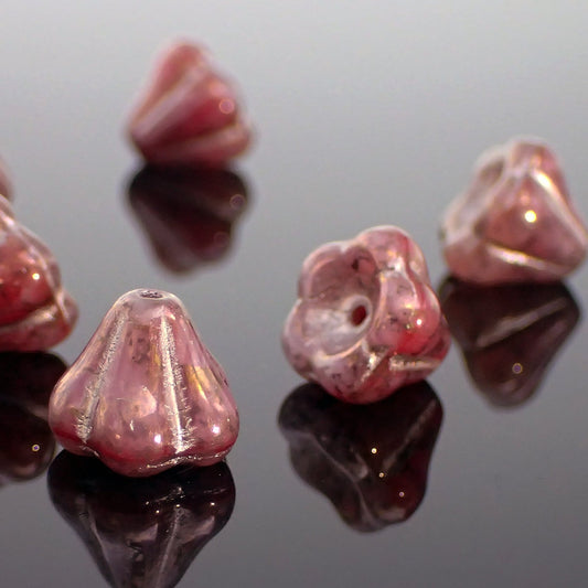 Dusty Pink Czech Glass Baby Bell Flower Beads, 10x8mm with Bronze Finish and Platinum Wash
