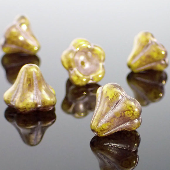 Czech Glass Bell Flower Beads, Chunky 13mm Yellow Silk with Bronze Luster and Platinum Wash