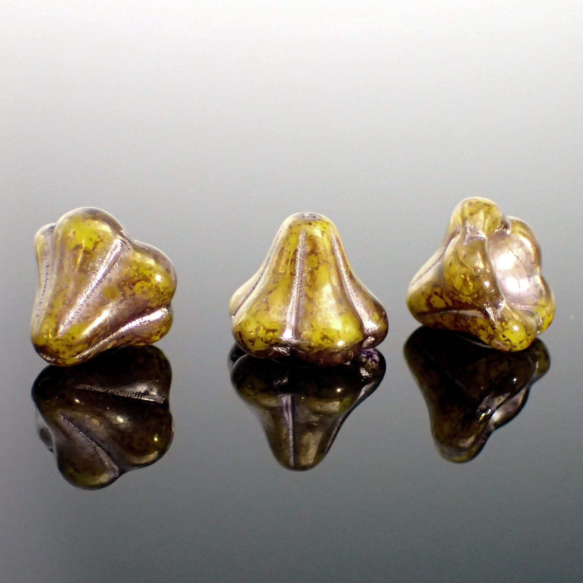 Artisan Czech Glass Bell Flower Beads, Chunky 13mm Yellow Silk with Bronze Luster and Platinum Wash