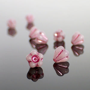 Czech Glass Baby Bell Flower Beads, 6x4mm Opaque White with Metallic Pink Wash