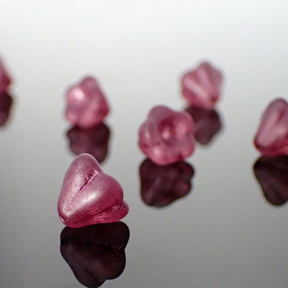 25 Czech Glass Baby Bell Flower Beads, 8x6mm Clear Matte with Metallic Pink Wash