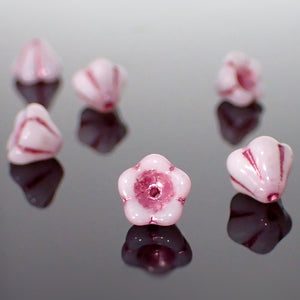 25 Czech Glass Baby Bell Flower Beads, 8x6mm Opaque White with Metallic Pink Wash